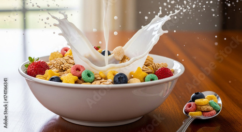 A splash of milk cascading into a bowl of colorful cereal with berries, creating a delightful and nutritious breakfast scene