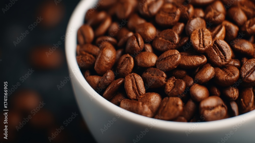 Fototapeta premium Slow bar coffee, A close-up view of roasted coffee beans in a white bowl, showcasing their rich texture and color.