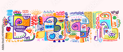Abstract doodle face portrait male female hand drawn vector illustration. Wall art, print, decoration and fashion.
