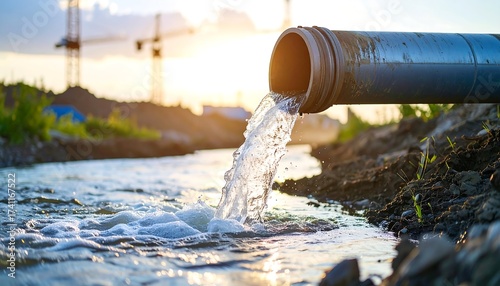 Industrial pipes discharge contaminated water into a river at sunset near construction