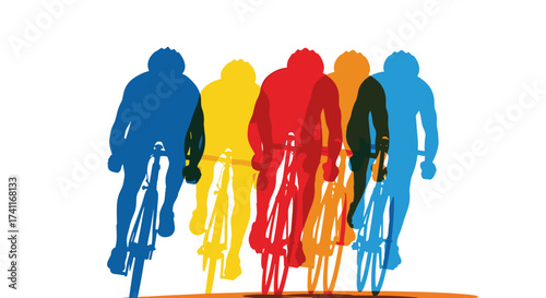 Colorful silhouettes of determined cyclists racing forward with speed and power in a competitive road race event