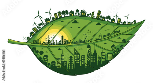 Discover a stunning ecological city concept thriving inside a vibrant green leaf, showcasing sustainable living and renewable energy sources