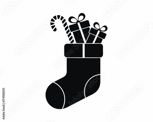 Christmas stocking filled with gifts and candy canes icon, vector illustration isolated on white background
