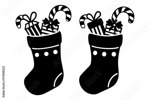 Christmas stocking filled with gifts and candy canes, vector illustration 