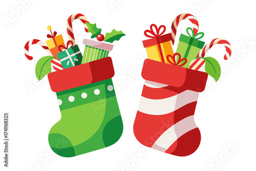 Christmas stocking filled with gifts and candy canes, vector illustration isolated on white background