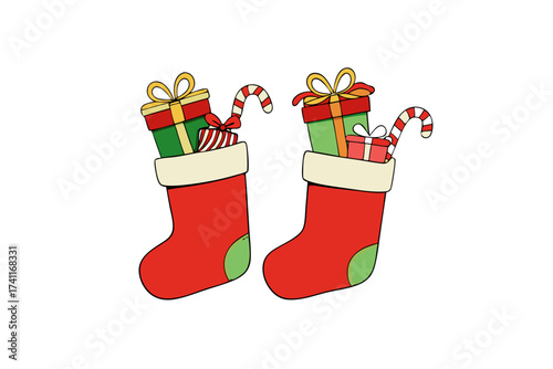 Christmas stocking filled with gifts and candy canes, vector illustration isolated on white background
