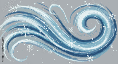 Dynamic Abstract Winter Wind Vortex Vector Illustration with Snowflakes and Brush Strokes