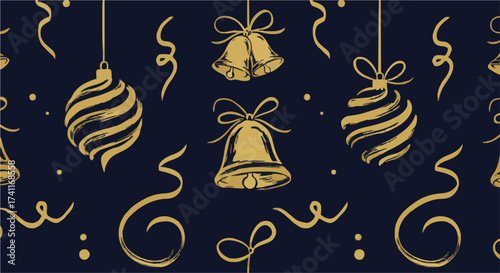 Seamless Luxury Christmas Ornament Pattern with Hand-Drawn Gold Bells and Baubles on Navy Blue