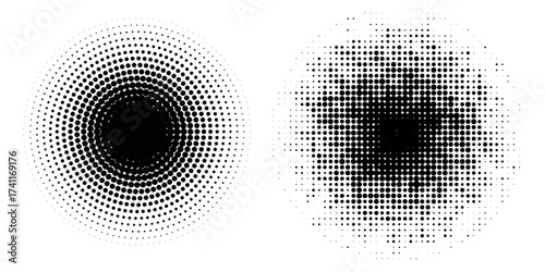 Halftone circle dotted frame circularly distributed set. Abstract dots logo emblem design element. Round border Icon using random halftone circle dot texture.