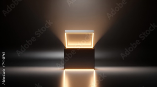 Fototapeta Naklejka Na Ścianę i Meble -  Minimal glowing box with open lid radiating golden light on a smooth abstract surface, futuristic product showcase with empty space