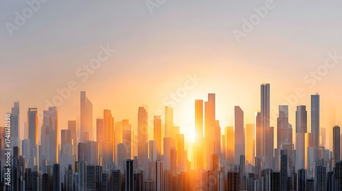 Vibrant Cityscape Silhouette Against a Radiant Sunset with Skyscrapers and Clear Sky