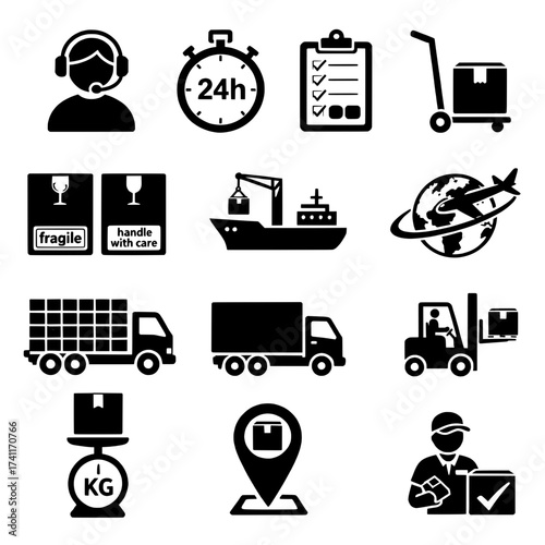 logistics and delivery service icons set, shipping, courier, transport, warehouse, global trade vector illustration