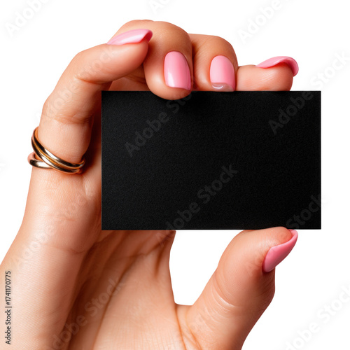 Hand holding blank black business card isolated on transparent or white background