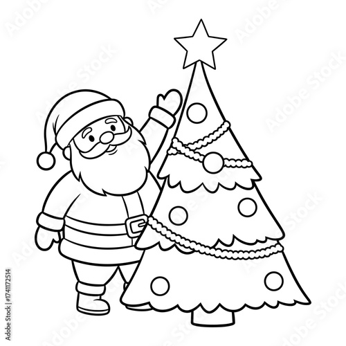 Santa Decorating Christmas Tree with Star Coloring Page Vector Outline Art