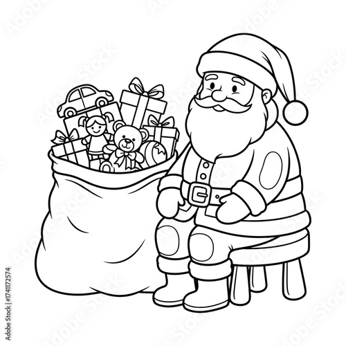Santa Claus sitting with toy gift sack vector | Christmas coloring page line art for kids and holidays
