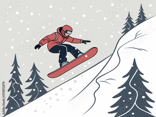 Snowboarder slides down snowy slope, mountain Snowboarder professional freerider athlete jumps flies down slope, performs dangerous extreme cool trick on snowboard. Winter extreme sports