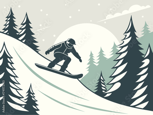 Snowboarder slides down snowy slope, mountain Snowboarder professional freerider athlete jumps flies down slope, performs dangerous extreme cool trick on snowboard. Winter extreme sports