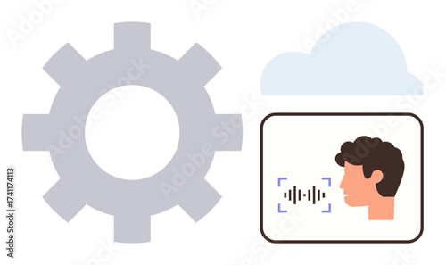 Gear signaling mechanics, user speaking with sound waveform, cloud element depicting online connectivity. Ideal for artificial intelligence, voice interface, speech recognition, cloud integration