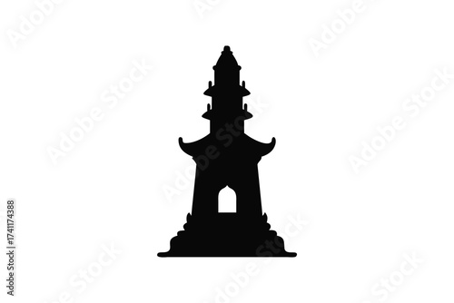 A striking black silhouette of a traditional asian pagoda tower with intricate architectural details against a white background silhouette