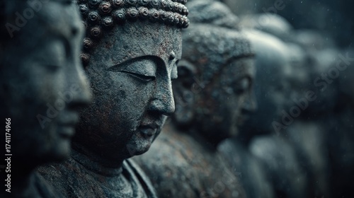 Contemplative Gaze: Row of weathered Buddha stone statues in solemn meditation