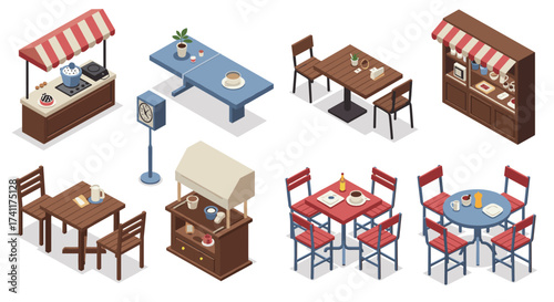 Isometric cafe furniture set with dining tables, chairs, and coffee bar elements