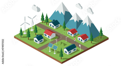 Isometric eco-friendly village with solar panels and wind turbines in mountainous landscape