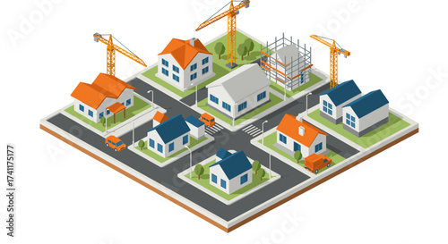 Suburban neighborhood with construction site in isometric perspective