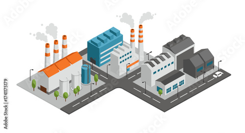 Isometric industrial city intersection with factories and smokestacks