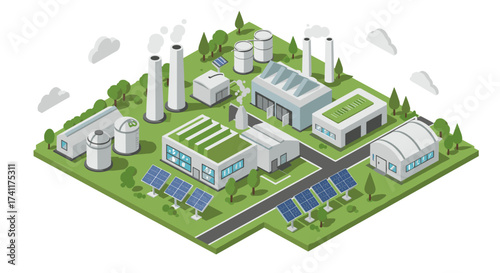 Green energy park with solar panels and factories in isometric style