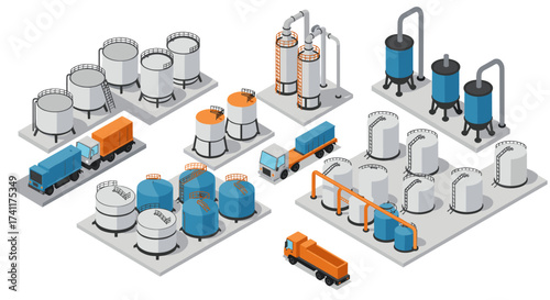 Isometric oil and gas processing facility with storage tanks and trucks