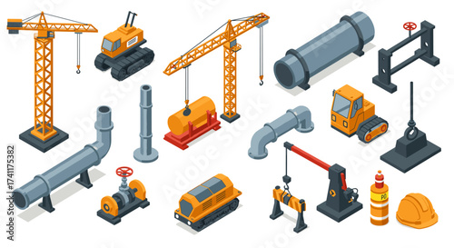 Isometric construction equipment set with cranes and piping elements