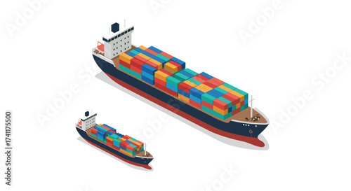 Isometric cargo ships with shipping containers on white background for maritime transport design
