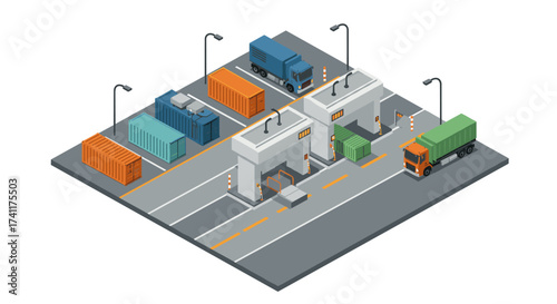 Modern isometric cargo terminal with containers and trucks on a roadway