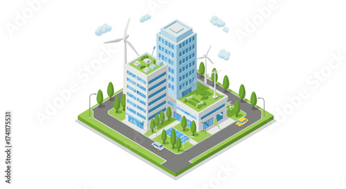 Eco-friendly urban isometric design featuring green roofs and renewable energy elements