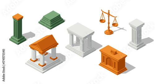 Isometric architecture icons: classical columns, buildings, and balance scales in 3d