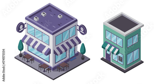 Isometric coffee shop and smoothie bar icons with modern architectural design