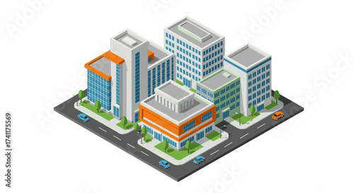 Modern urban architecture with isometric city buildings on busy streets