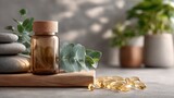 Wellness Still Life: Bottle, Supplements, and Natural Elements Arrangement