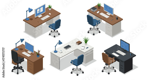 Isometric office desks and chairs set with computers and office supplies