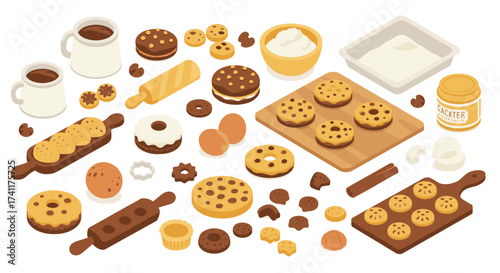 Delicious cookie baking ingredients and tools in isometric style