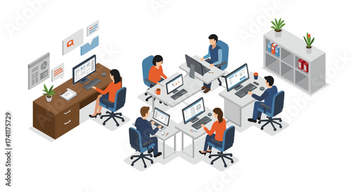 Modern isometric office workspace with diverse team collaborating at desks