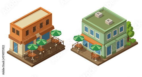 Isometric cafe exteriors with outdoor seating and umbrellas