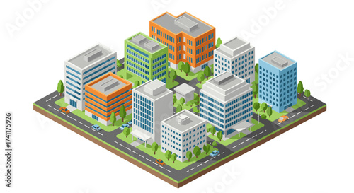 Colorful isometric cityscape with modern buildings and green spaces