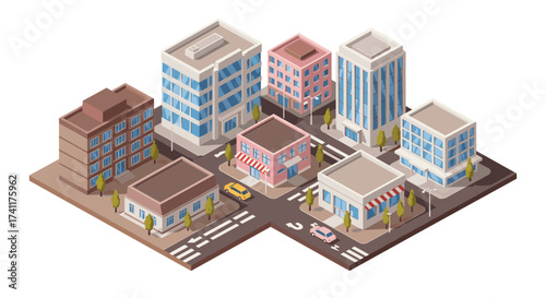 Isometric city block with modern buildings and streetscape