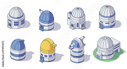 Set of isometric observatory designs with domed roofs