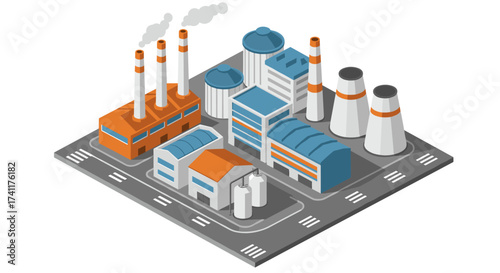 Isometric industrial factory complex with chimneys and storage tanks
