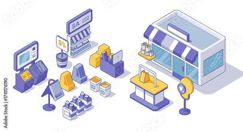 Isometric urban shopping elements: market stalls and retail outlets for modern cityscape design