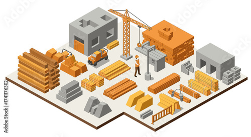 Isometric construction site with crane and building materials