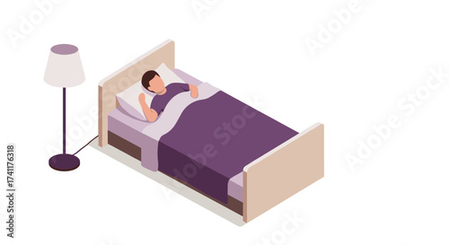 Isometric sleeping person in bed with lamp on white background