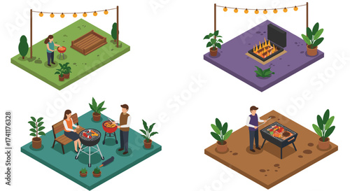 Isometric backyard barbecue scenes with characters and grills in various settings